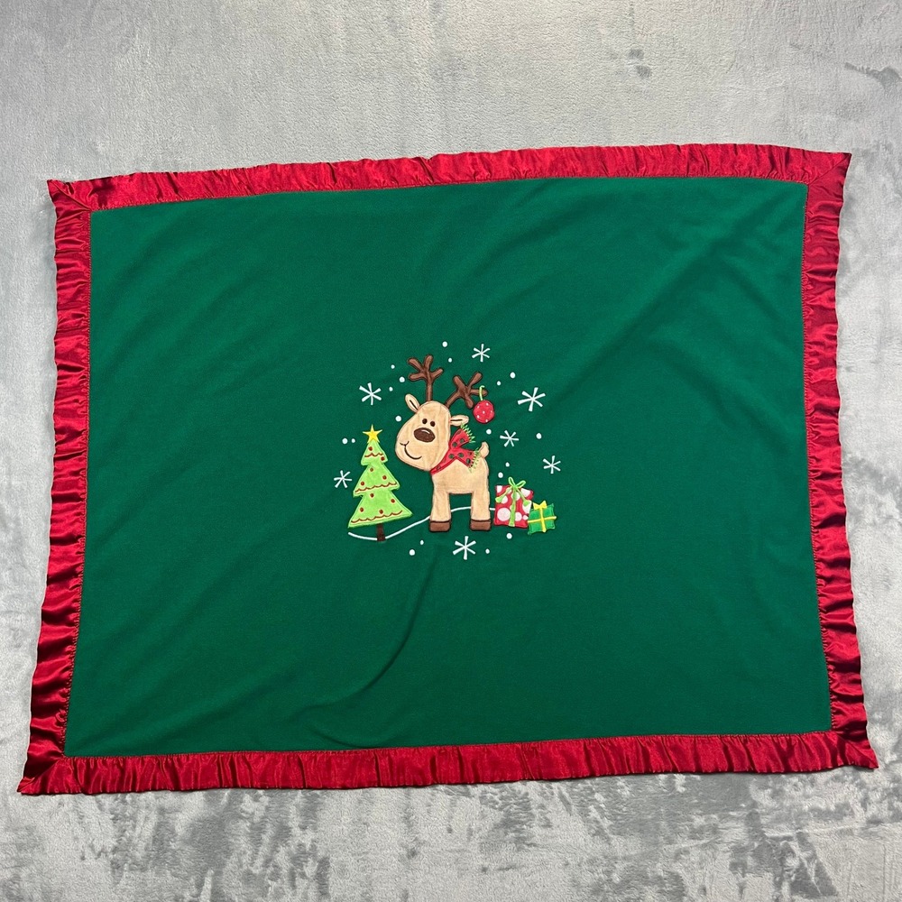 Babies R Us Reindeer Christmas Baby Blanket Green Red Satin Ruffle Fleece 29x37